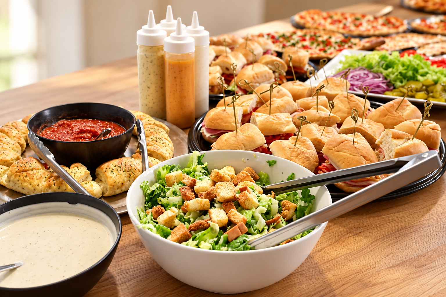 Guy’s catering spread with sandwiches, salad, garlic bread and pizzas