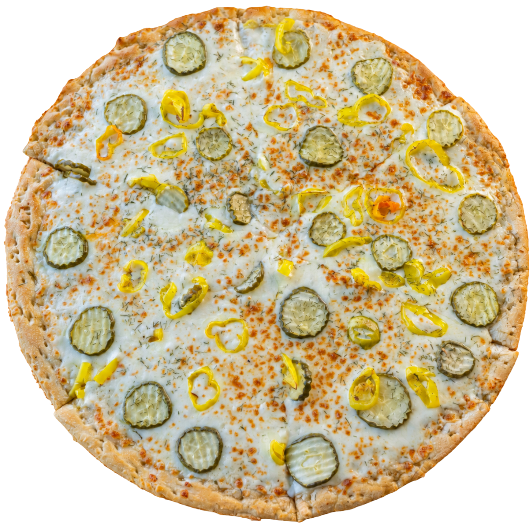 Dill Dough pizza topped with dill pickles and banana peppers