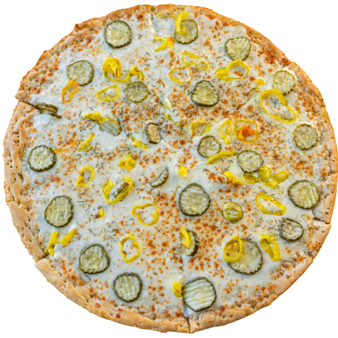 Dill Dough pizza topped with dill pickles and banana peppers