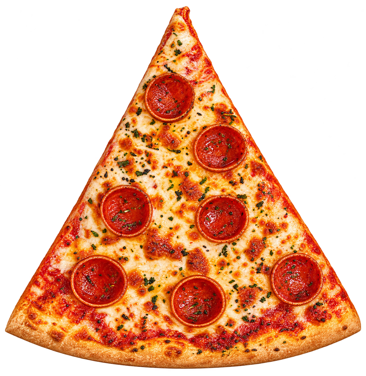 A golden pepperoni pizza slice with melted cheese and herbs