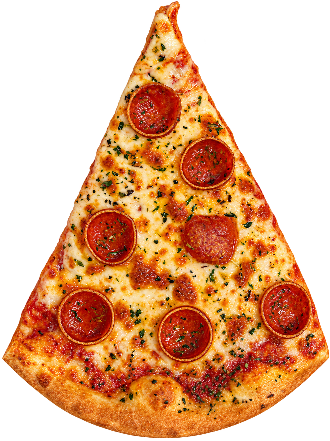 A golden pepperoni pizza slice with melted cheese and herbs