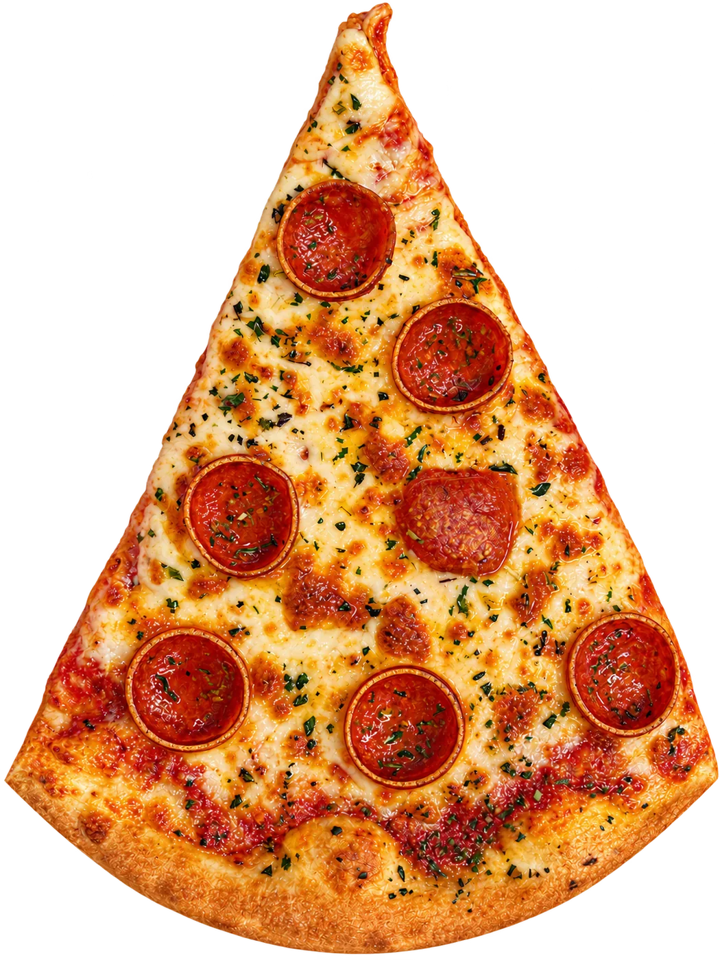 A golden pepperoni pizza slice with melted cheese and herbs